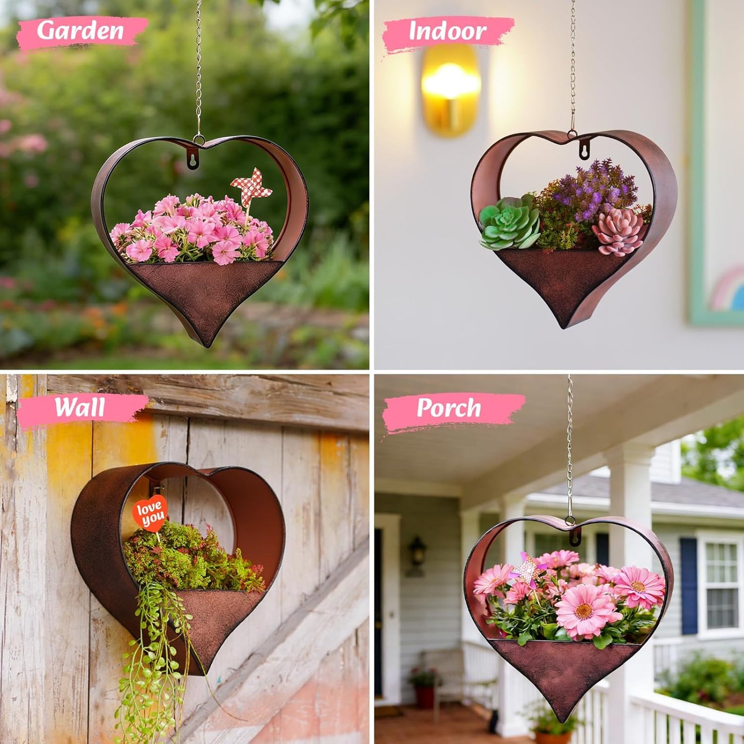 Rustic Heart-Shaped Metal Plant Hanger – Indoor Outdoor Wall Planter – Valentine’s or Birthday Gift for Her