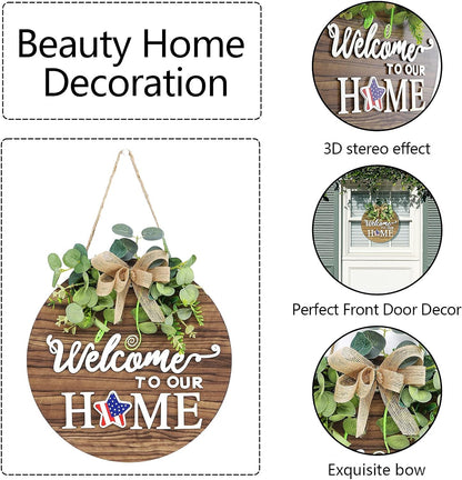 Interchangeable Seasonal Welcome Sign Front Door Decoration, Rustic Round Wood Wreaths Wall Hanging