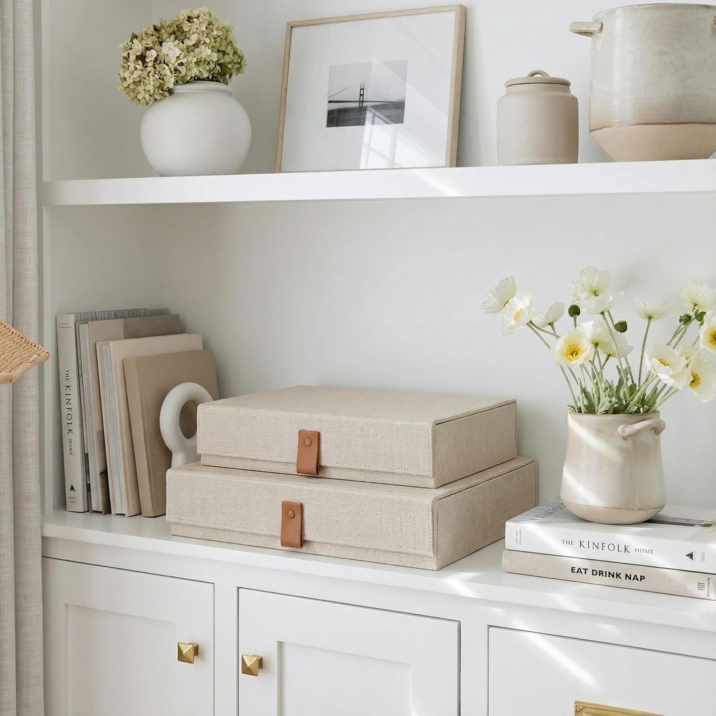 Set of 2 Decorative Linen Photo Storage Boxes with Lids - Stylish Organizers for Keepsakes