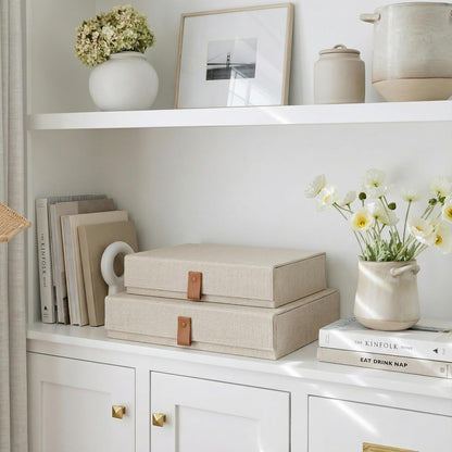 Set of 2 Decorative Linen Photo Storage Boxes with Lids - Stylish Organizers for Keepsakes