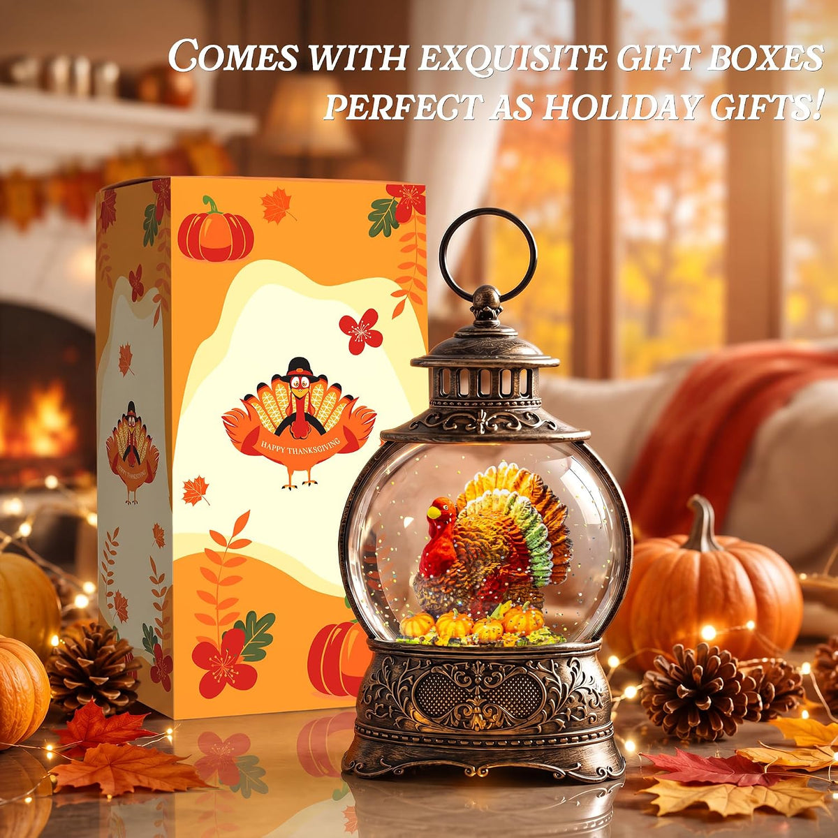 Fall Snow Globe Lantern – Lighted Glitter Water Lantern with Turkey in Pumpkin for Thanksgiving & Autumn Décor