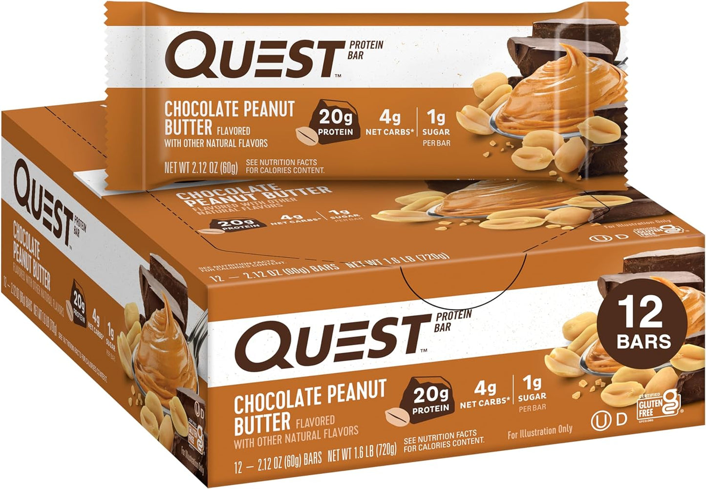 12-Count Quest Nutrition Chocolate Peanut Butter Bars – 20g Protein, 1g Sugar, Keto Friendly