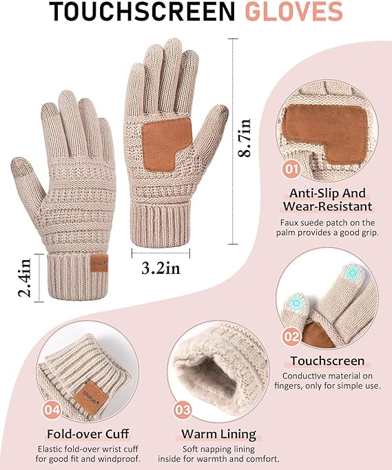 Women’s Winter Beanie, Scarf & Gloves Set – Slouchy Knit Hat, Ear Warmer & Touchscreen Gloves (4-Piece Set)