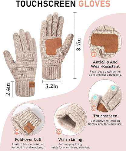 Women’s Winter Beanie, Scarf & Gloves Set – Slouchy Knit Hat, Ear Warmer & Touchscreen Gloves (4-Piece Set)