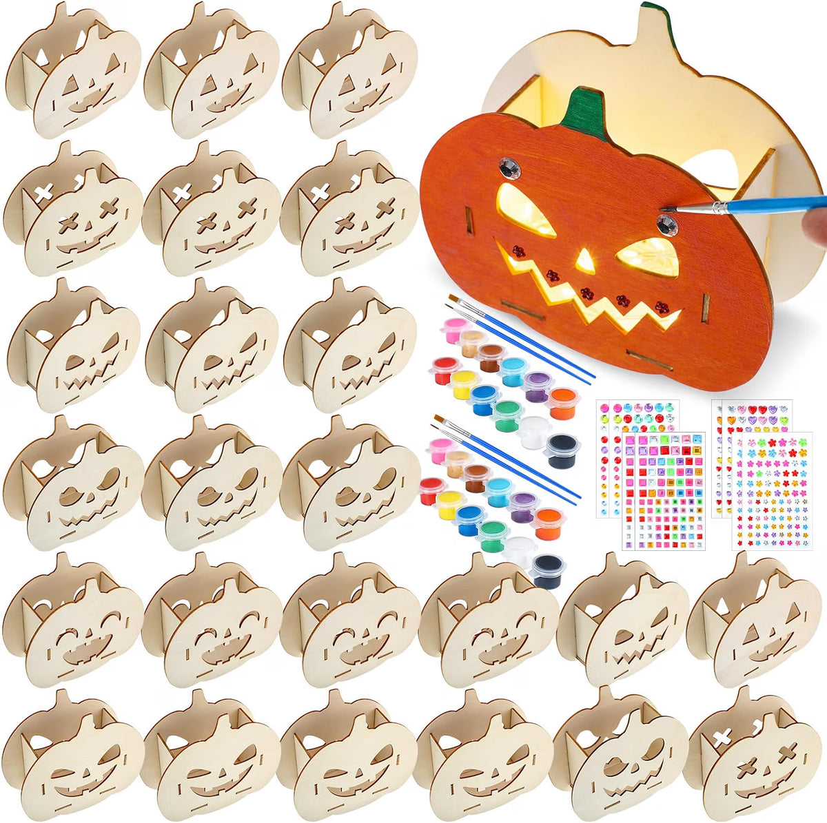 24-Set Halloween Wooden Pumpkin Painting Kit – DIY Fall Arts & Crafts Activity for Kids