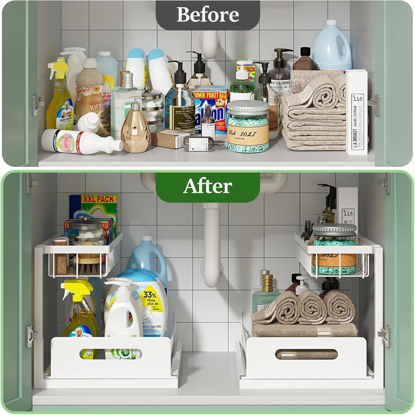 2-Tier Under-Sink Organizer – Pull-Out Cabinet Storage Shelf for Kitchen and Bathroom, Available in Gray, White, and Black (2-Pieces)