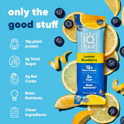 Lemon Blueberry Plant Protein Bars – Keto-Friendly, Vegan, High Protein, High Fiber, Low Sugar, Lion's Mane & MCTs, Gluten & Dairy Free, 24 Count