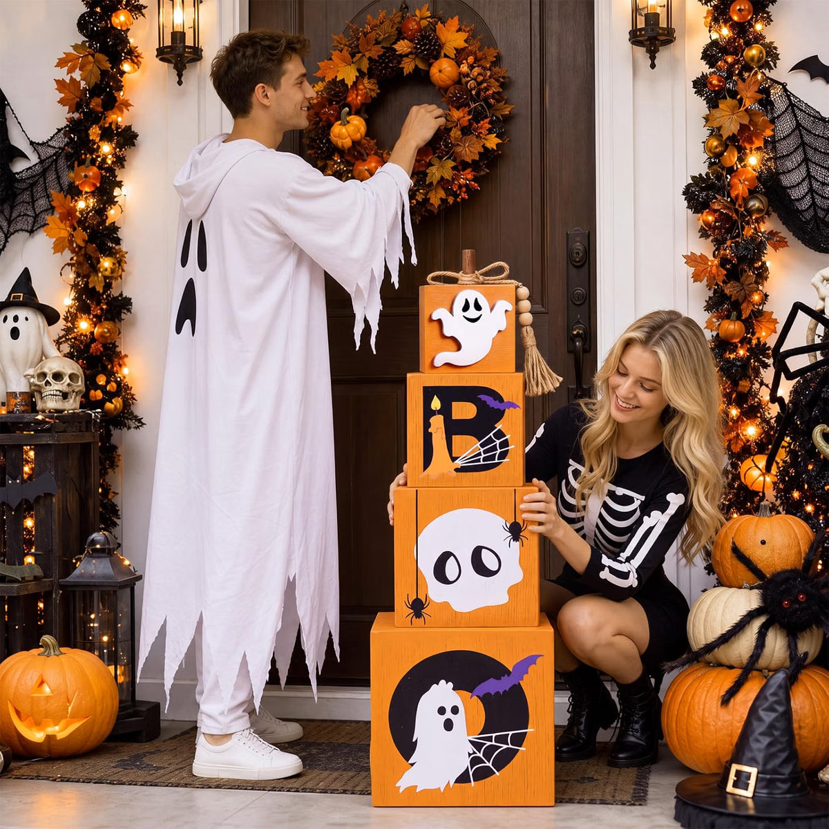 Stacked Pumpkin Ghost Boo Box – Fall Porch Decoration for Halloween & Autumn Outdoor Décor