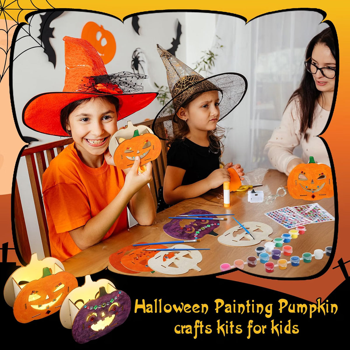 24-Set Halloween Wooden Pumpkin Painting Kit – DIY Fall Arts & Crafts Activity for Kids