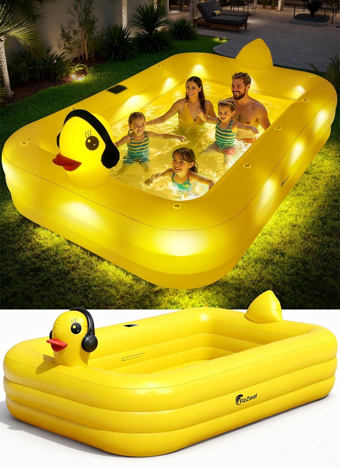 Solar Duck Inflatable Swimming Pool – Large Family Blow Up Kiddie Pool for Kids & Adults – 100" x 63" x 22"