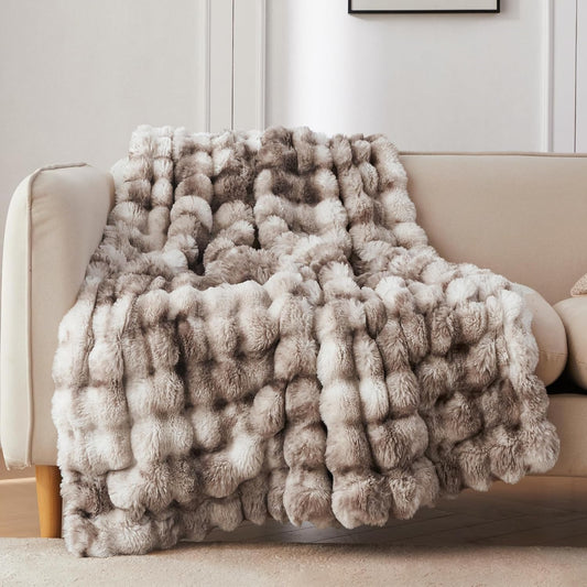 Faux Fur Throw Blanket – Soft Plush Rabbit Fur Bubble Blanket for Couch or Sofa (Tie Dye Brown, 50x60")