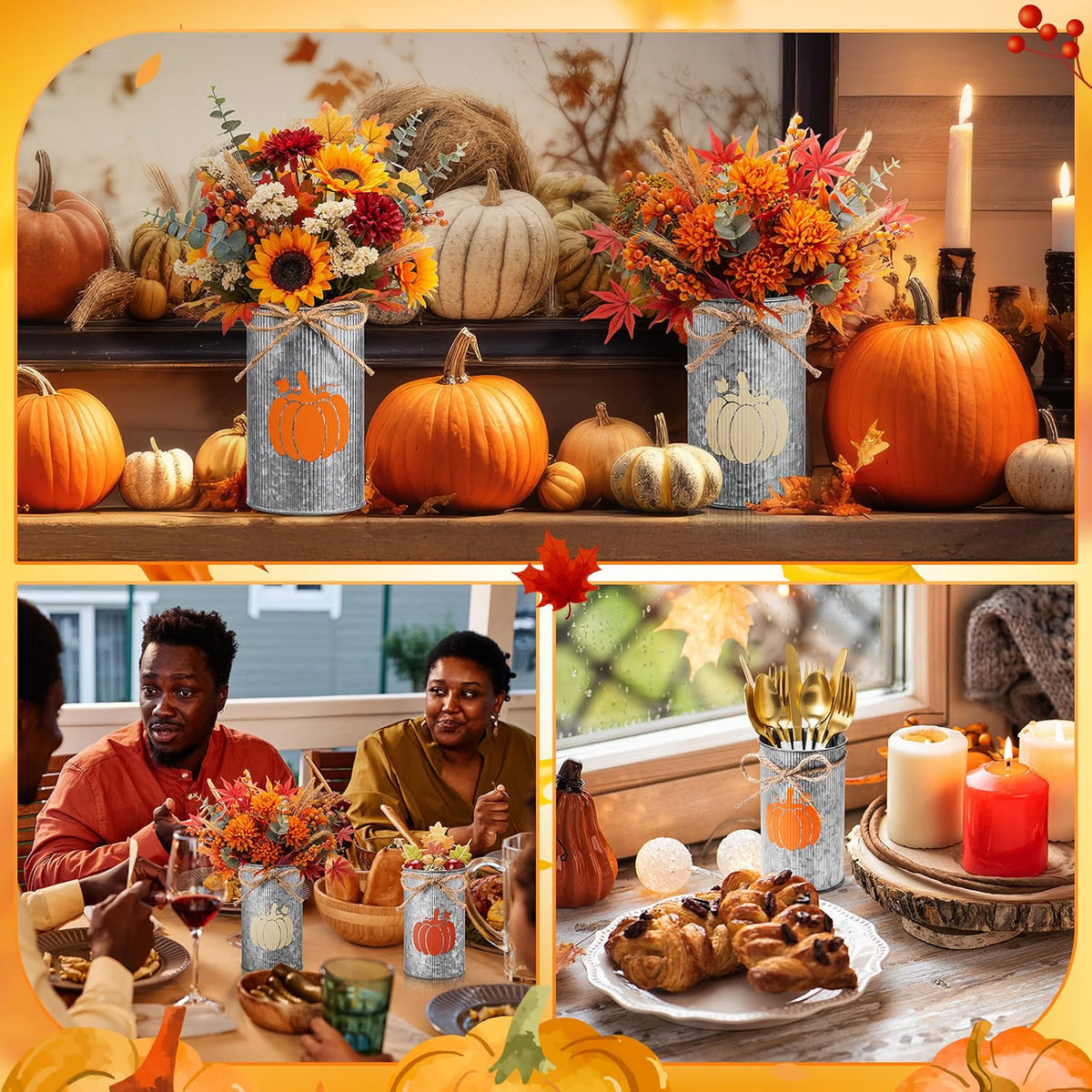 6-Piece Fall Pumpkin Vase Centerpieces – Galvanized Metal Farmhouse Jars for Thanksgiving & Autumn Harvest Décor