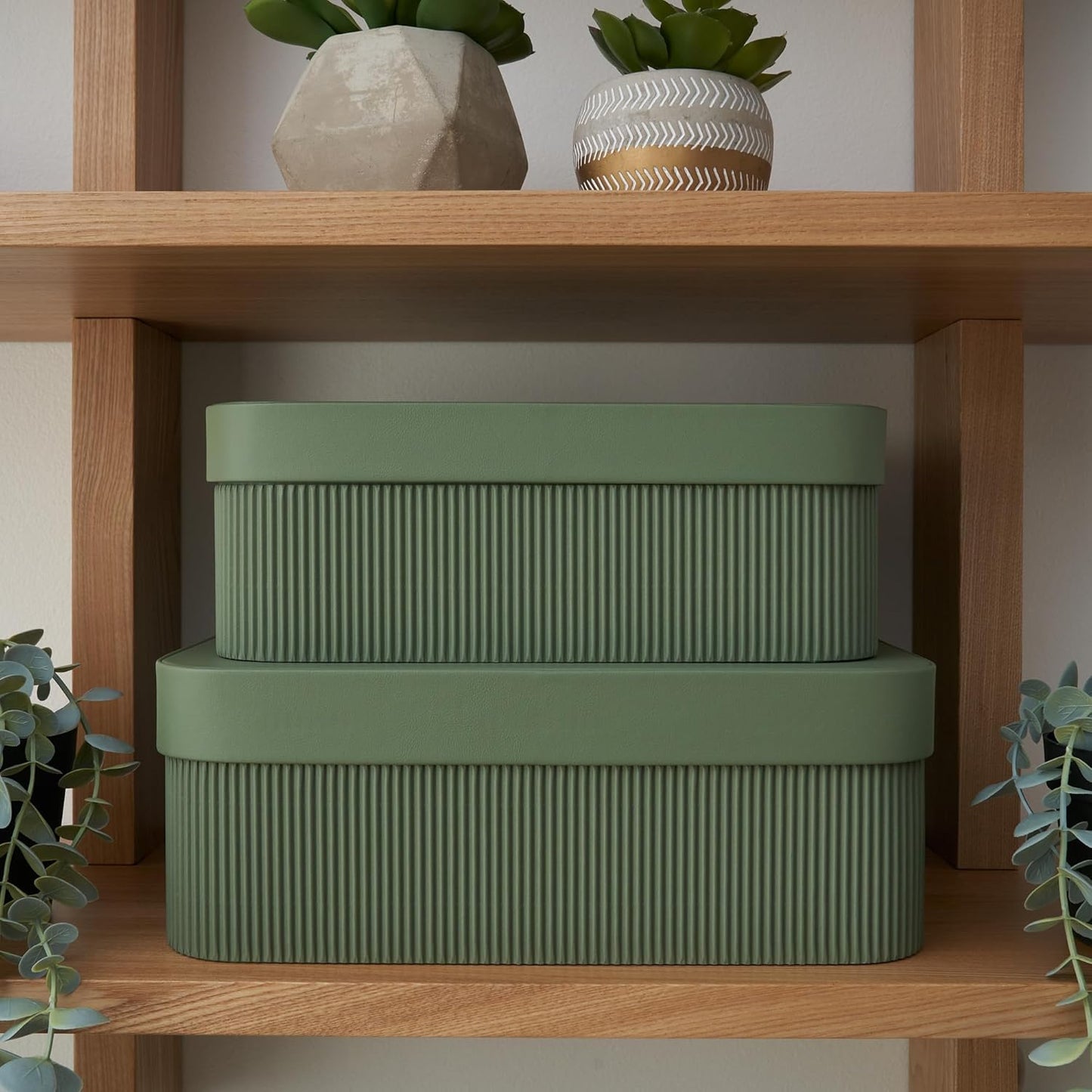 Set of 2 Decorative Storage Boxes with Lids - Fluted Cardboard Organizers for Home Decor