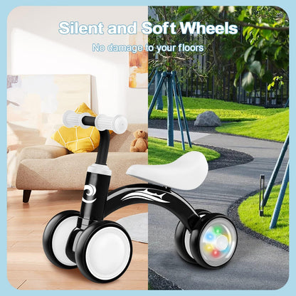 Baby Balance Bike – Colorful Light-Up No-Pedal Bike with 4 Silent Wheels & Soft Seat (Ages 10–36 Months)