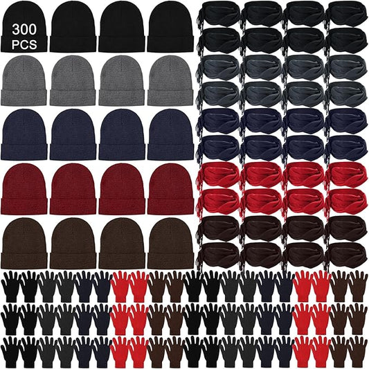 Unittype 300-Piece Winter Care Supply Set – Beanies, Gloves & Scarves for Charity & Community Donation (Retro Colors)