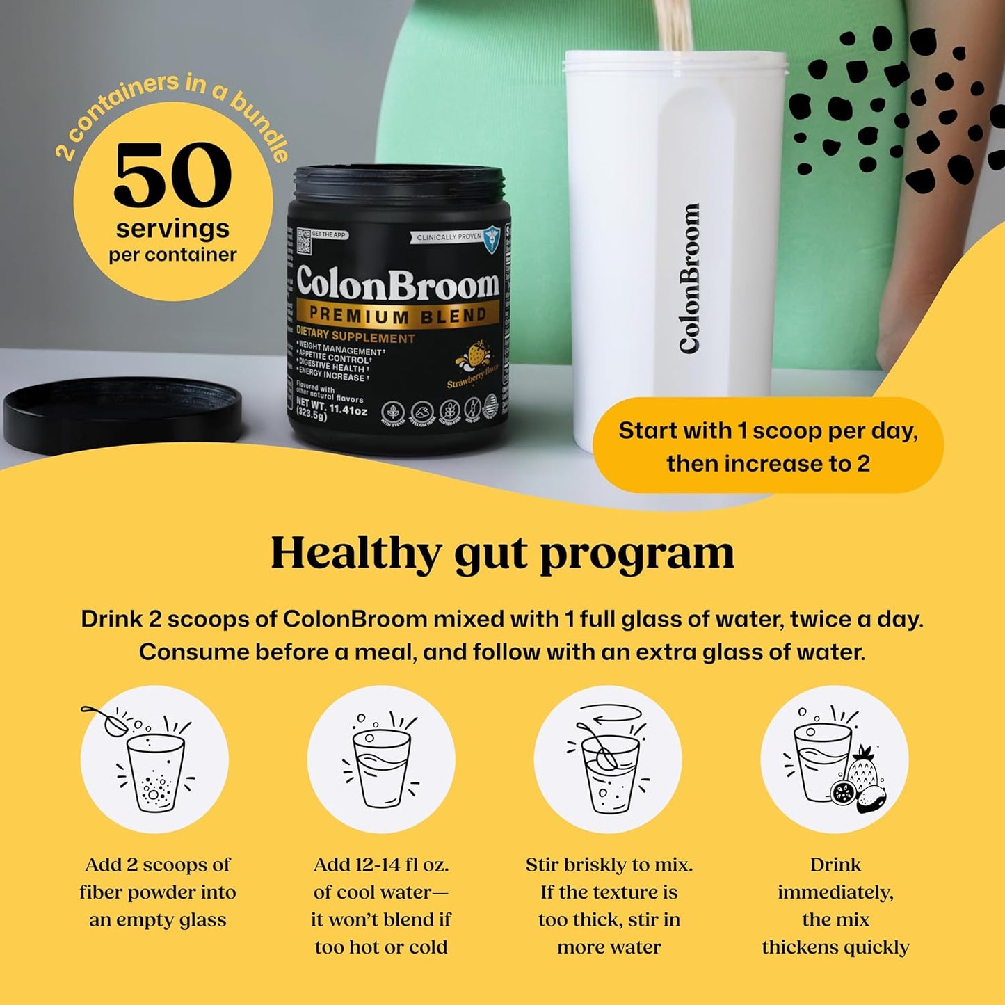 Colon Broom Psyllium Fiber Drink – Weight Management & Gut Health (Strawberry, 100 Servings)