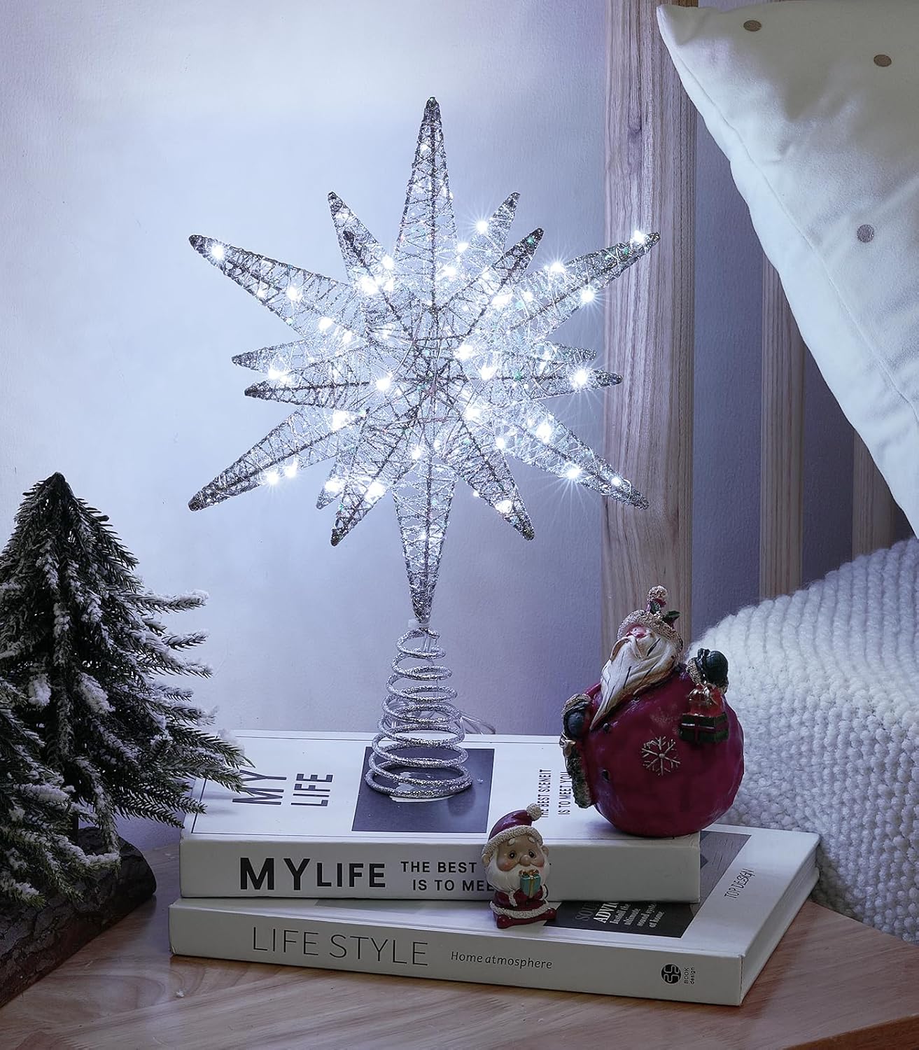 Christmas Tree Topper - 9.6" 3D Silver Star with USB Plug & Remote Control, Featuring 6H Timer and 8 Lighting Modes