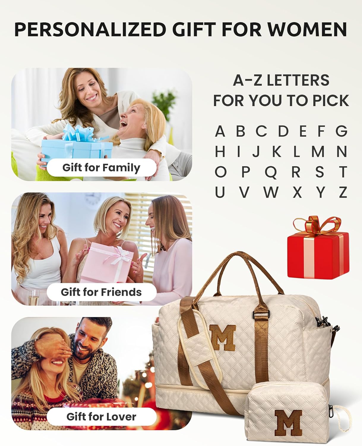 Initial Duffle Bag (Letter K) – Personalized Weekender with Shoe Compartment, Wet Pocket & Makeup Bag, Beige