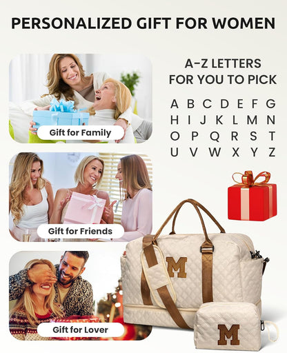 Initial Duffle Bag (Letter K) – Personalized Weekender with Shoe Compartment, Wet Pocket & Makeup Bag, Beige