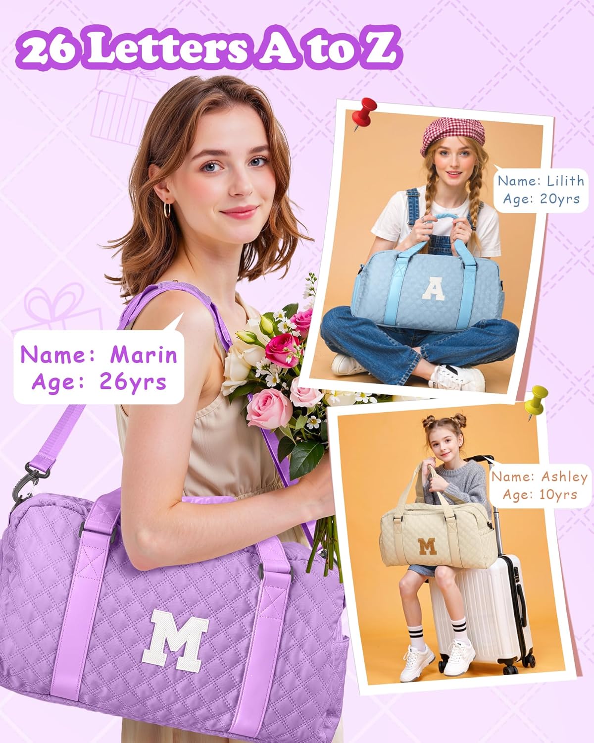 Initial Weekender Duffle Bag – Personalized Travel & Gym Bag (Purple, Letter A)