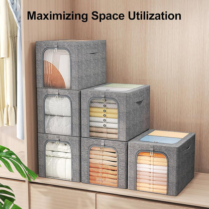 6-Pack 40L Stackable Clothes Storage Bins with Metal Frame, Lids, and Clear Windows