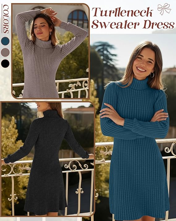 3-Pack Women’s Turtleneck Sweater Dresses – Long Sleeve Ribbed Knit Mini Bodycon