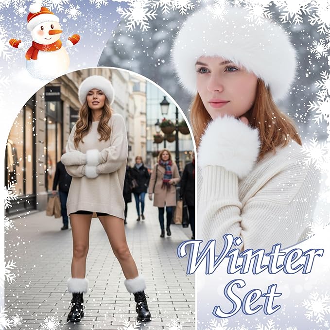 9-Piece Faux Fur Winter Accessories Set – Headbands, Leg Warmers & Wrist Cuffs for Women (Gray/Leopard)