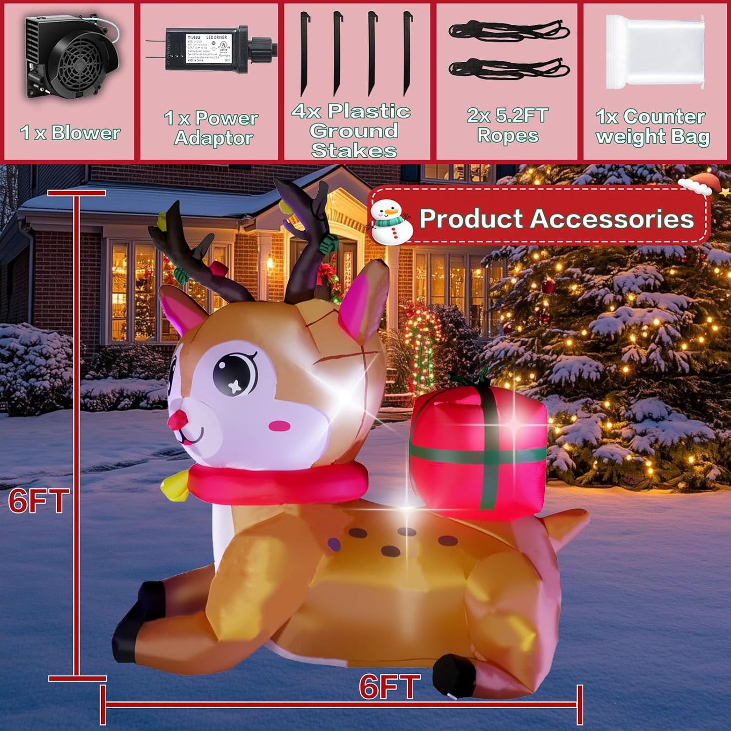 6FT Inflatable Christmas Elk Decoration with Built-in LEDs