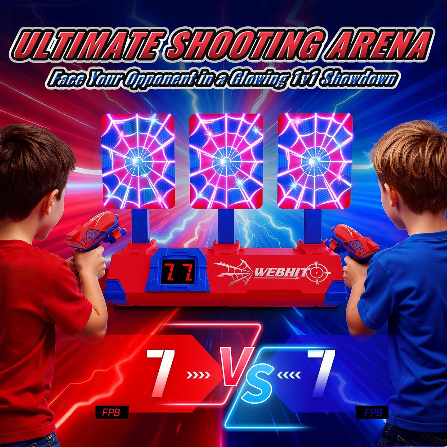 Shooting Toy Set for Boys Ages 3-12 – Hero Style with Glowing Web, Sounds, LCD Scoring, and 3 Auto Reset Targets | Perfect for Indoor/Outdoor Family Games and Gifts!
