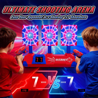 Shooting Toy Set for Boys Ages 3-12 – Hero Style with Glowing Web, Sounds, LCD Scoring, and 3 Auto Reset Targets | Perfect for Indoor/Outdoor Family Games and Gifts!