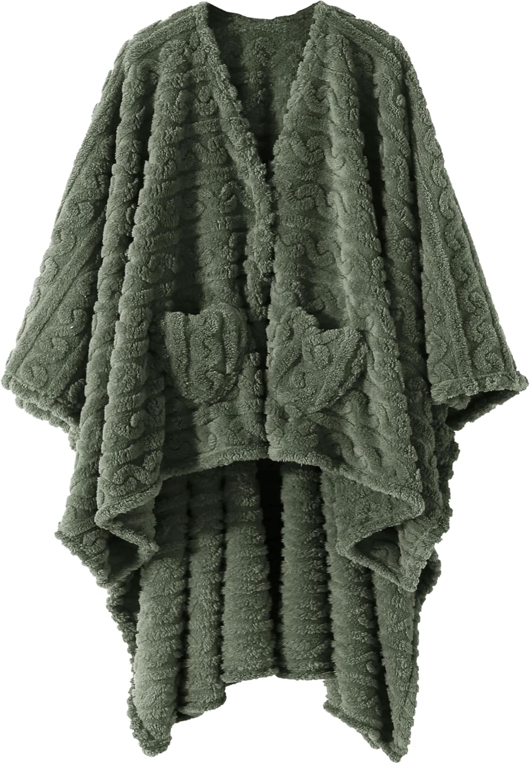 Wearable Blanket Poncho – Cozy Sherpa Fleece Shawl with Pockets (Green, 58" x 64")