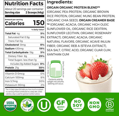 Orgain Organic Vegan Protein Powder – Strawberries & Cream, 21g Plant Protein