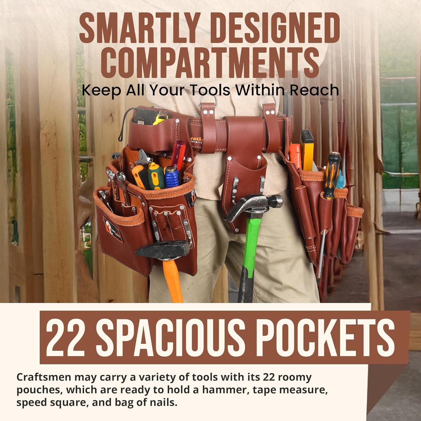 Premium 25 Pocket Heavy-Duty Tool Belt – Oil Tanned Carpenter Pouch for Construction & Electricians – Black X-Large (Leather)