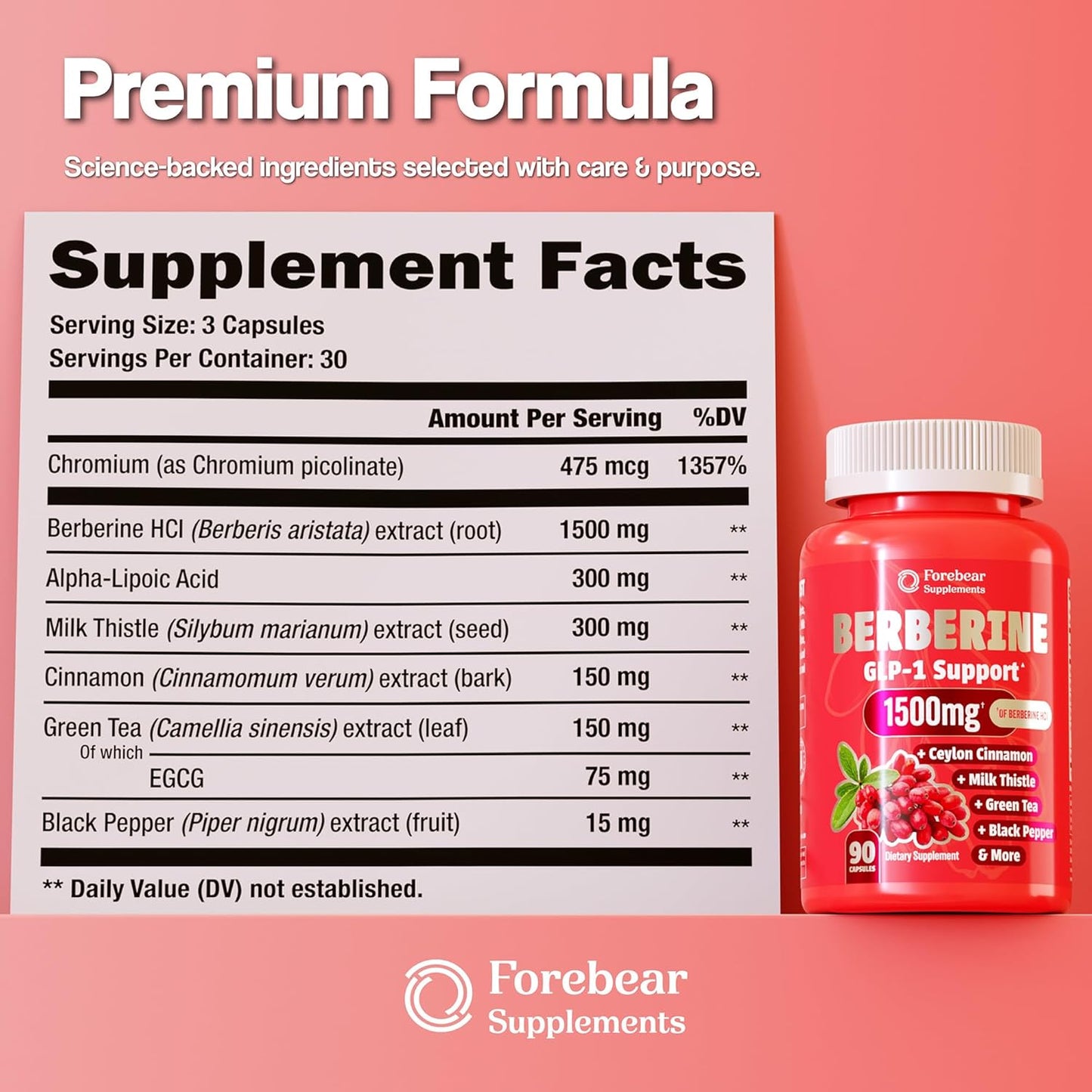 Berberine 1500mg GLP-1 Support Supplement – Appetite Control with Cinnamon & Green Tea (90 Veggie Capsules)
