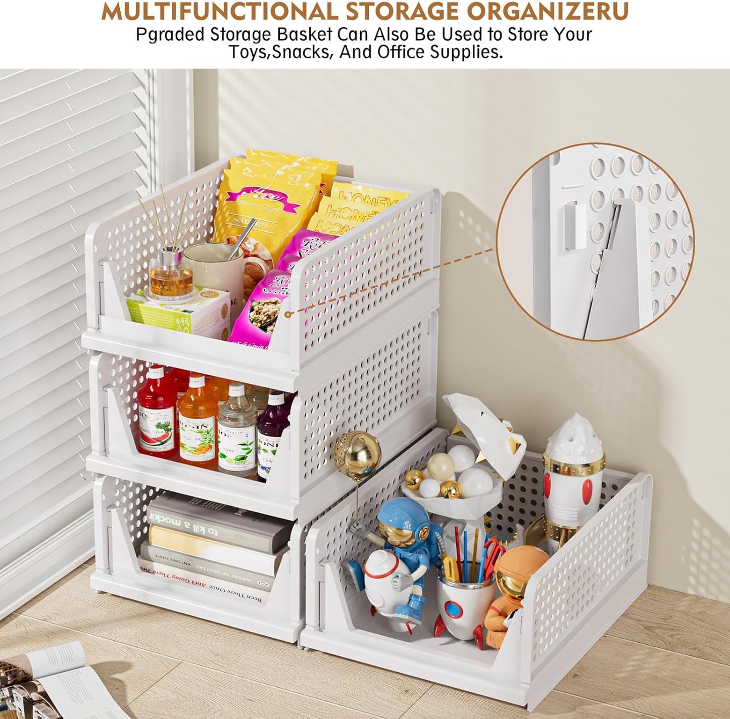 5 Pack Stackable Closet Storage Baskets – Foldable Space-Saving Organizer Drawers – White