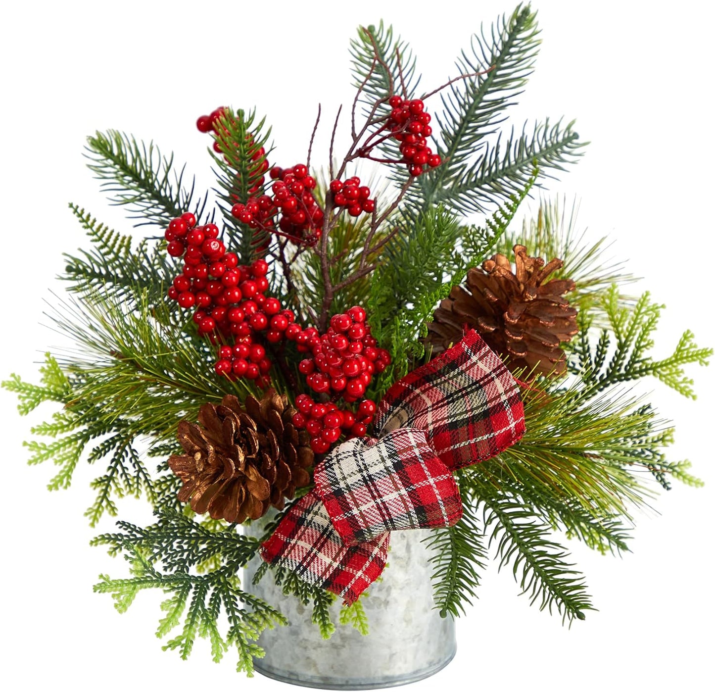 12in Holiday Table Arrangement with Pinecones, Berries, and Plaid Bow