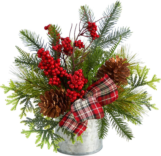 12in Holiday Table Arrangement with Pinecones, Berries, and Plaid Bow