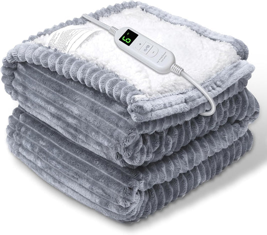 Electric Heated Blanket Throw – 6 Heat & 4 Timer Settings, 50x60" (Grey)