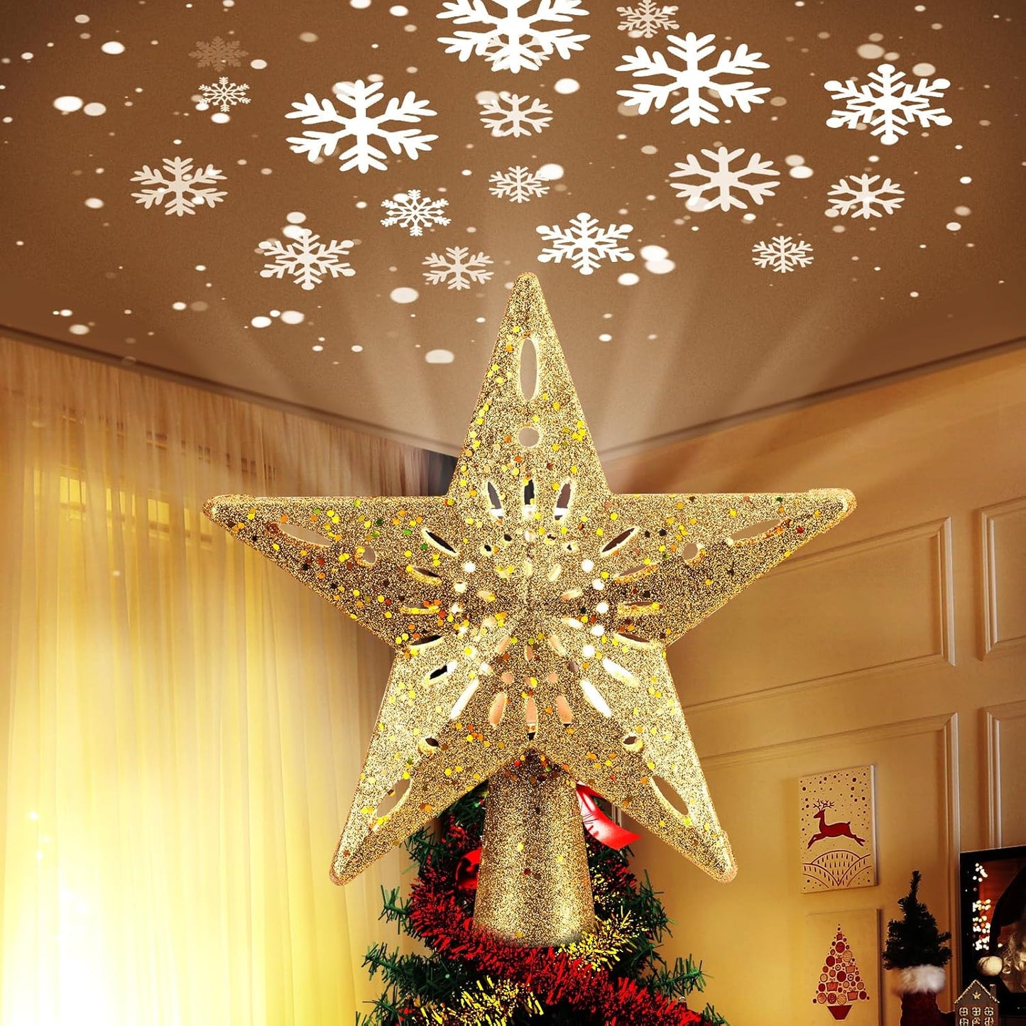 Christmas Star Tree Topper with LED Snowflake Projector