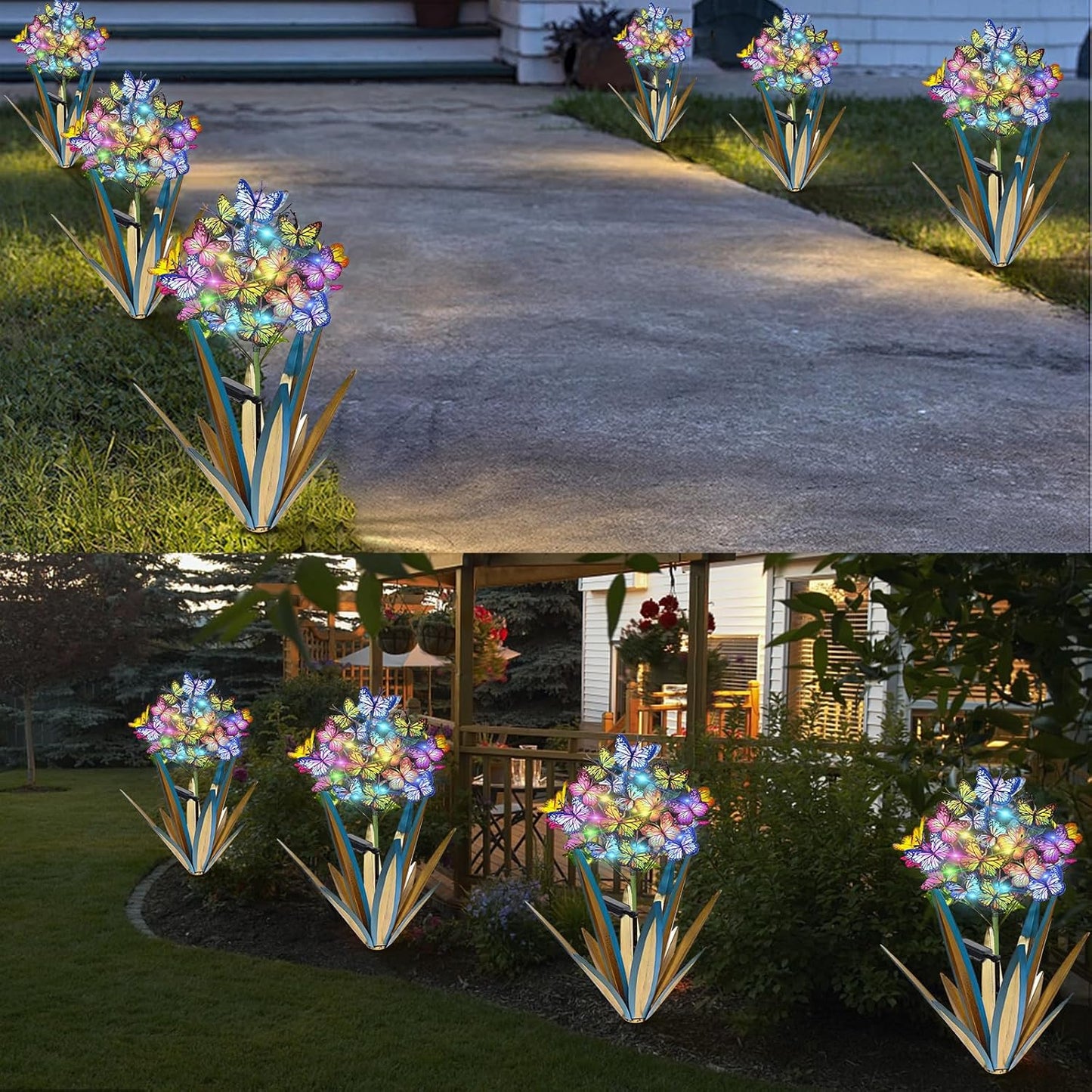 Solar Metal Agave Garden Stakes (3 PCS Blue) – Butterfly & Sunflower Outdoor Decor with Swaying Solar Lights for Yard, Patio & Lawn