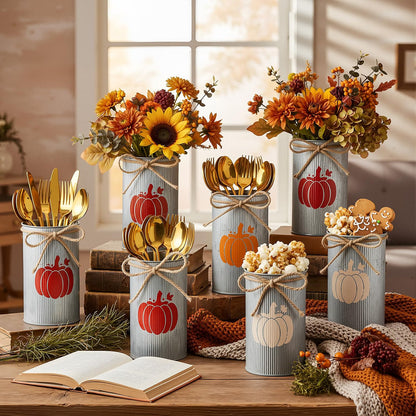 6-Piece Fall Pumpkin Vase Centerpieces – Galvanized Metal Farmhouse Jars for Thanksgiving & Autumn Harvest Décor