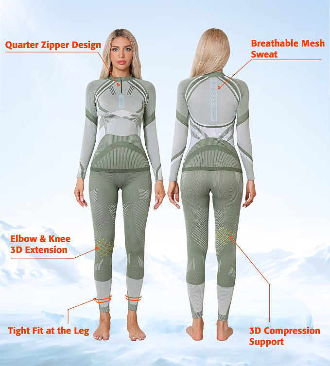 Women’s Thermal Underwear Set – Winter Long Johns Base Layer, White & Green, Size Medium