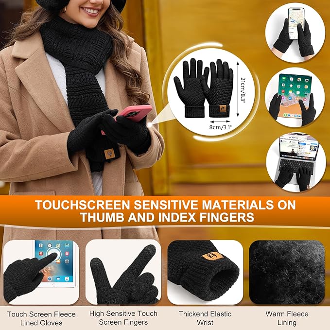 Womens Winter Beanie Hat Scarf Gloves Set Fleece Hat Long Scarf Neck Warmer Ear muffs Fuzzy Socks 5 in 1 Knit Sets