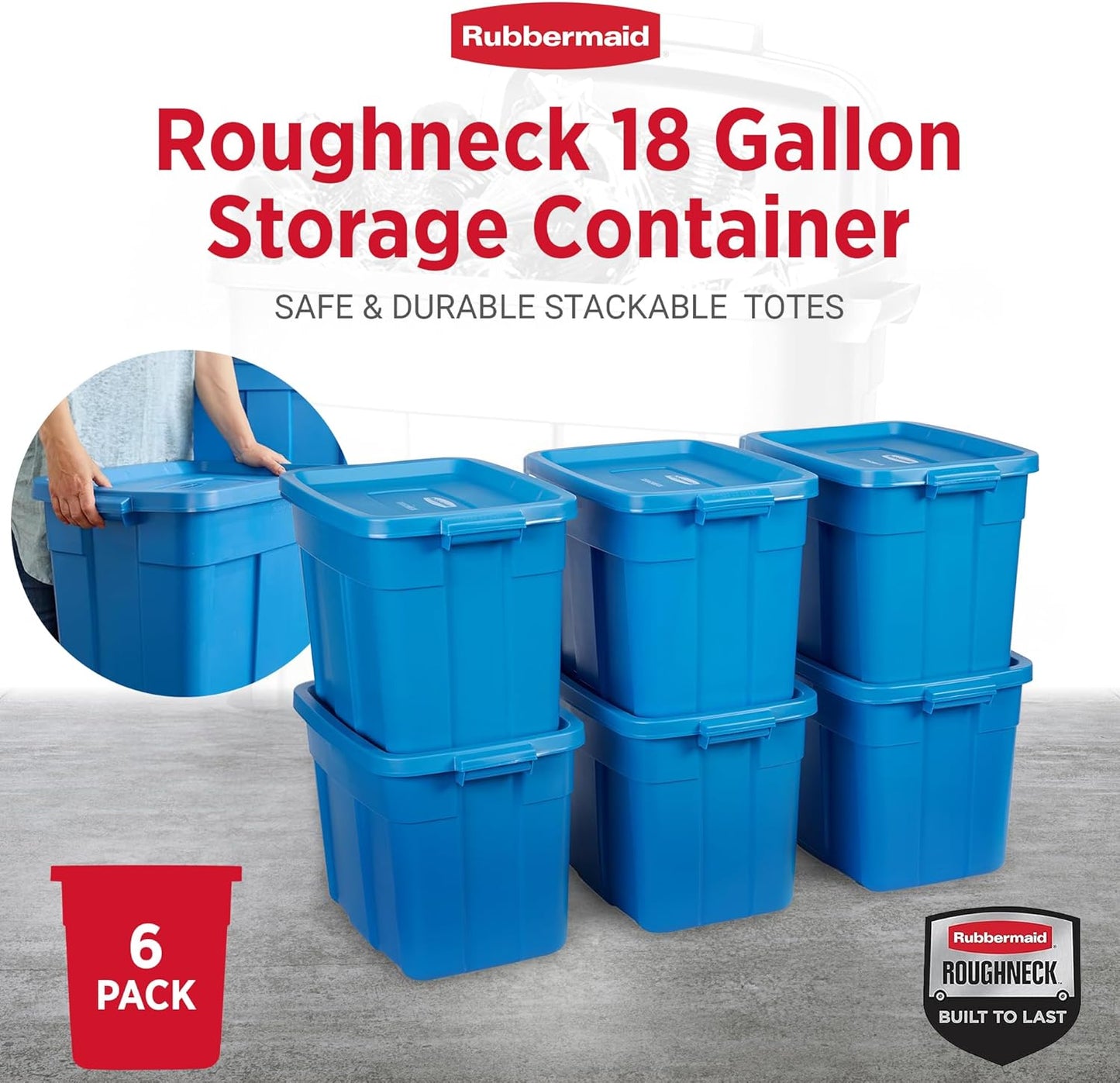 18 Gal Roughneck Tote Storage Bins – Rugged Stackable Plastic with Lids & Handles – Heritage Blue (6 Pack) – Made in USA