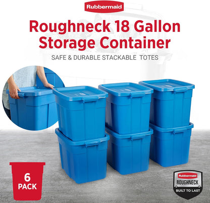 18 Gal Roughneck Tote Storage Bins – Rugged Stackable Plastic with Lids & Handles – Heritage Blue (6 Pack) – Made in USA