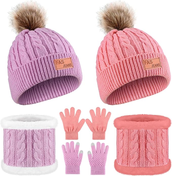 2-Set Toddler Winter Hat, Scarf & Gloves – Warm Knit Set for Girls & Boys (Ages 1–10, Purple/Pink)