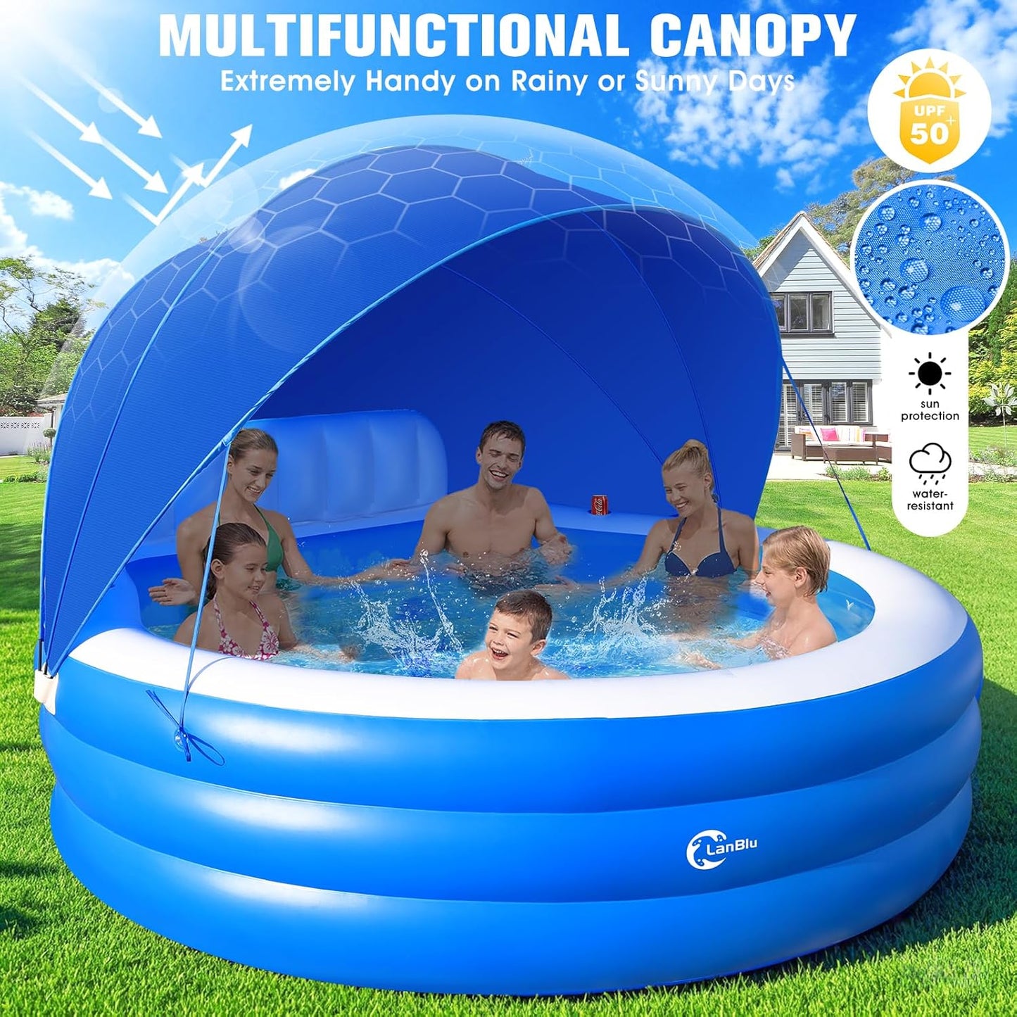2026 Extra Large Inflatable Family Pool with Canopy – Round Backyard Lounge Pool with Bench & Backrest for Kids & Adults – 90" x 90" x 80"