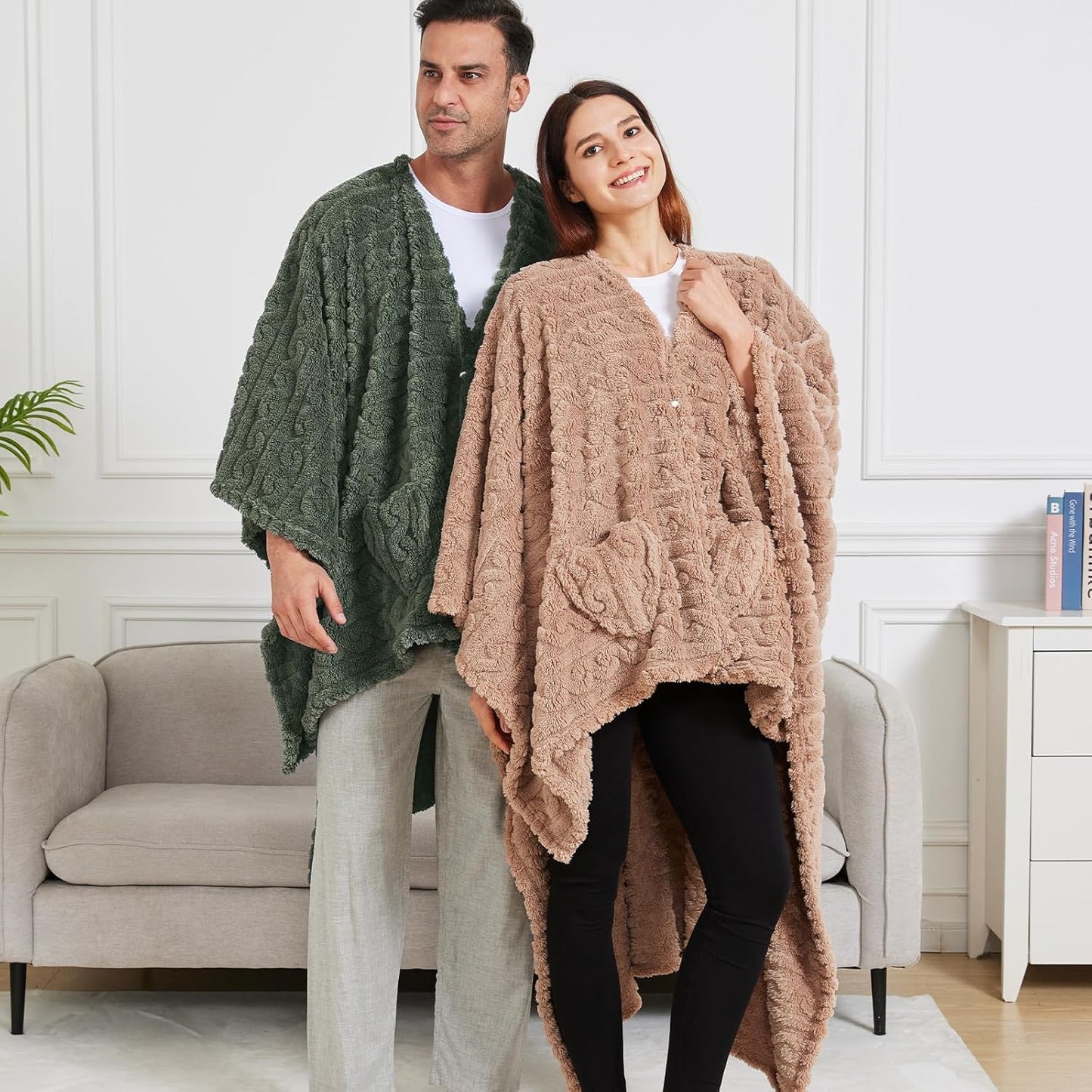 Wearable Blanket Poncho – Cozy Sherpa Fleece Shawl with Pockets (Green, 58" x 64")