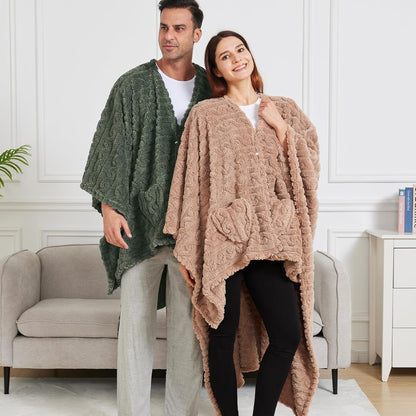 Wearable Blanket Poncho – Cozy Sherpa Fleece Shawl with Pockets (Green, 58" x 64")