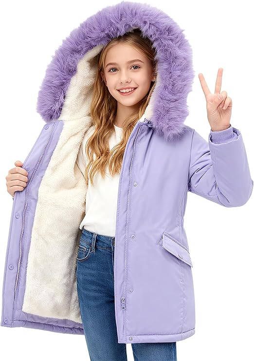 Girls’ Winter Puffer Jacket – Thick Warm Hooded Parka for Cold Weather (Purple, Ages 11–12)